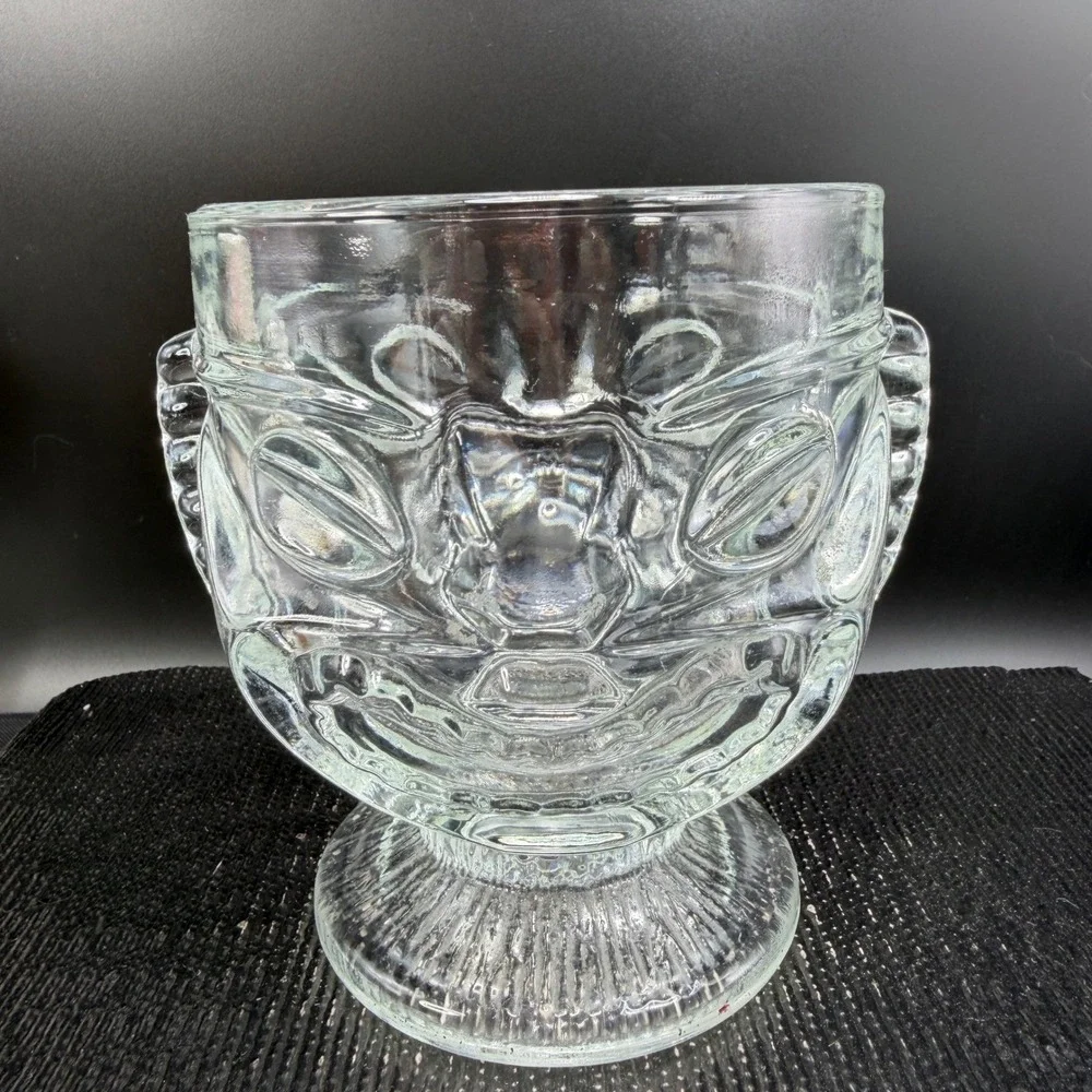 Indiana Glass Two faced Tiki‎ Drinking Glass Clear Embossed Face Single Mug Cup